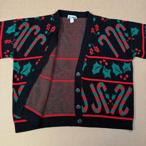 Vintage Christmas Candy Cane Holly Knit Cardigan Sweater Black Red Green XL - Picture 4 of 8